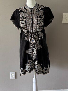 Johnny Was Monark Butterfly Embroidered Black Tunic XS